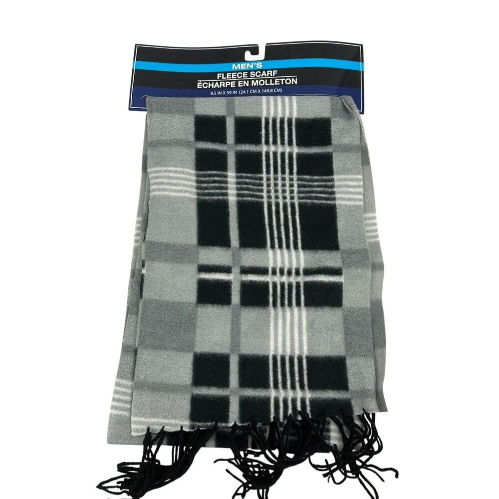 Mens Fleece Scarf Black & Gray Plaid Polyester 9.5"x59"